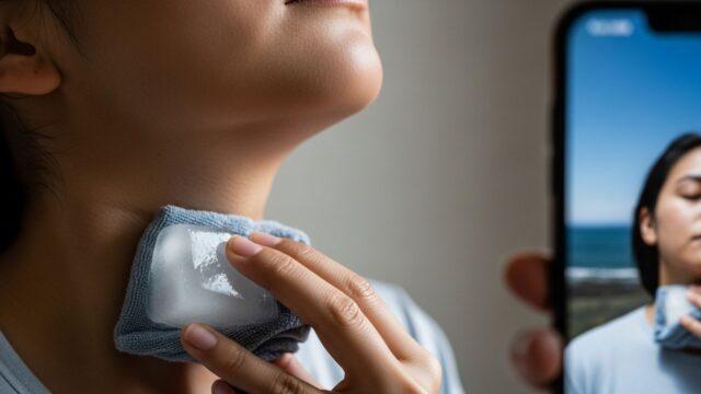 Primo piano, donna che applica un impacco freddo o ghiaccio sul lato del collo, in un gesto di stimolazione vagale.