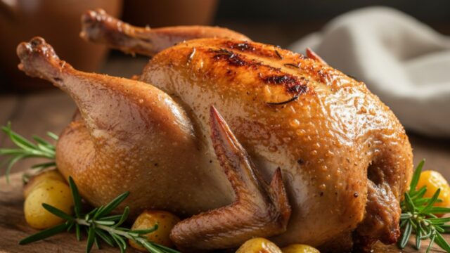 Faraona intera cotta in forno, pelle croccante e dorata, adagiata su un letto di patate e rosmarino.