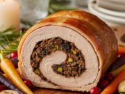 Faraona ripiena: la tecnica del ballotine per un arrosto di Natale sempre succoso e ben sigillato Fetta di faraona ripiena in tecnica ballotine, succosa, su piatto natalizio con contorni di stagione.