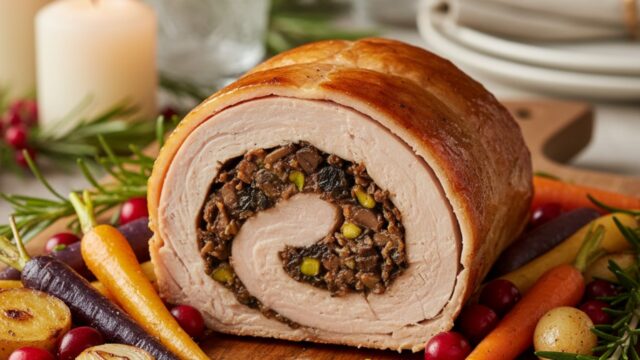 Fetta di faraona ripiena in tecnica ballotine, succosa, su piatto natalizio con contorni di stagione.