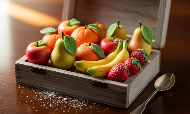 Marzapane fatto in casa, colorato naturalmente e plasmato, poggiato su una cassettina di legno rustico.