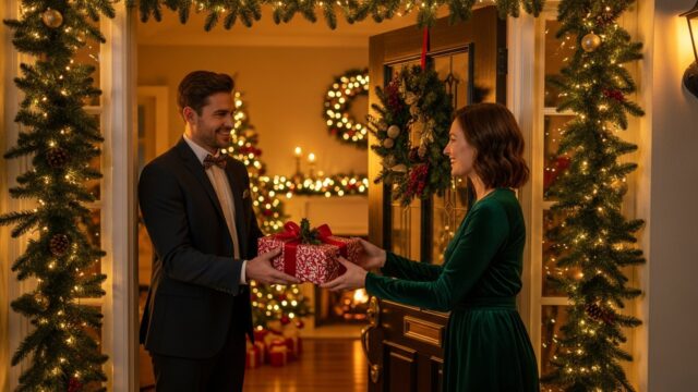 Ospite elegante consegna un regalo al padrone di casa durante il pranzo di Natale.