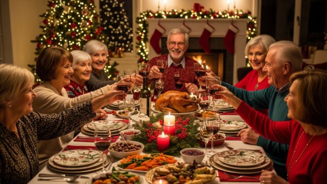 Famiglia sorridente riunita a tavola durante il pranzo di Natale in un ambiente festivo.