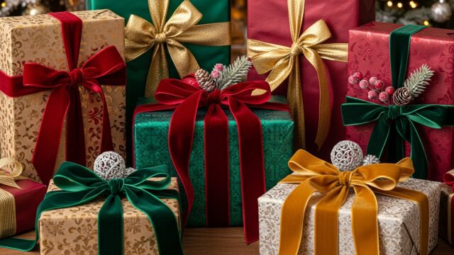 Scena natalizia elegante con pacchetti regalo incartati con cura e nastri in velluto.