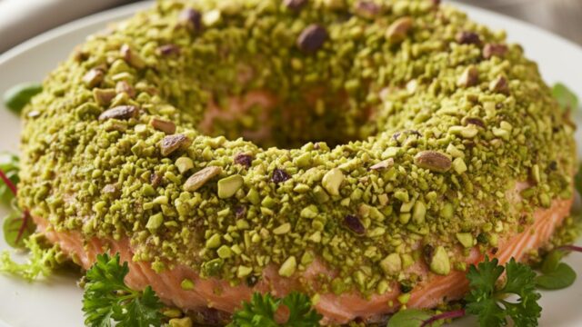 Ghirlanda di salmone in crosta di pistacchio, con contorno verde, presentato come secondo piatto elegante.