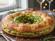 Antipasto di Capodanno pronto in 10 minuti: la ghirlanda di sfoglia al pistacchio che incanta tutti Elegante ghirlanda di sfoglia ripiena al pistacchio su tagliere rustico, pronta come antipasto festivo.