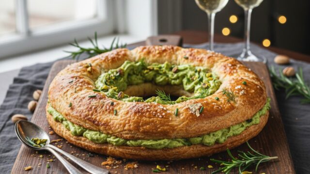 Elegante ghirlanda di sfoglia ripiena al pistacchio su tagliere rustico, pronta come antipasto festivo.