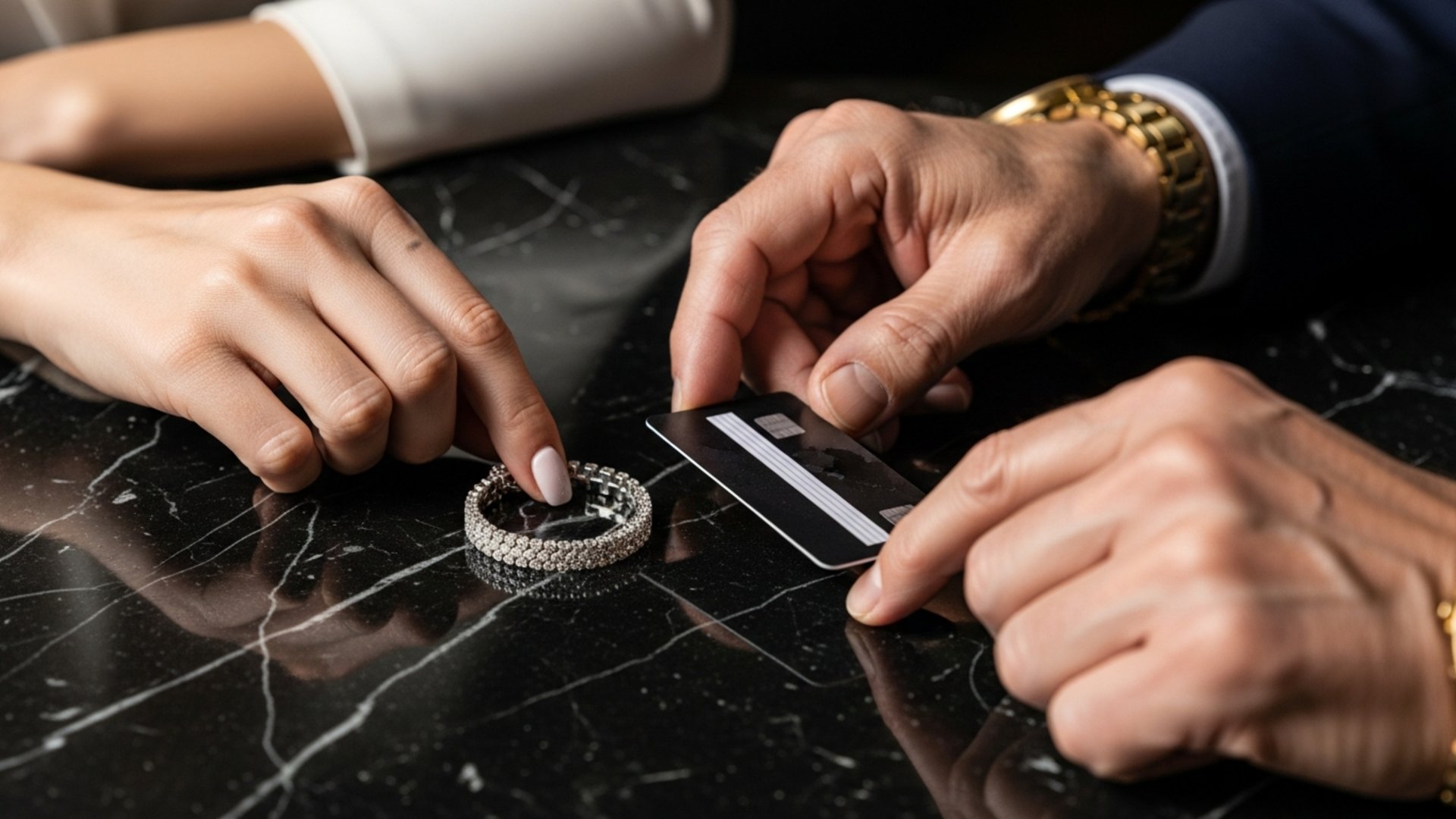 Primo piano mani: giovane donna e anziano, scambio di soldi e gioielli su tavolo in marmo
