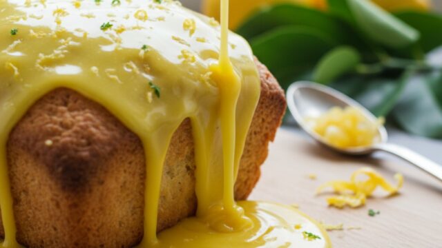 Glassa al limone brillante e densa, appena colata su un dolce, con scorze di limone grattugiate fresche.