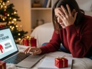 Panico da regalo? La guida per i ritardatari senza sforare il budget di Natale Donna nel panico che acquista un regalo digitale di Natale all'ultimo minuto, risolvendo il panico da regalo.