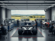 Come l’ingegneria italiana plasma il futuro degli sport motoristici Officina di ingegneria italiana all'avanguardia con un'auto da corsa in stile Formula 1 o IndyCar al centro, circondata da ingegneri che lavorano su schermi di telemetria e materiali compositi.