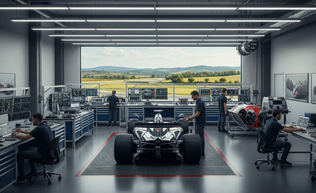 Officina di ingegneria italiana all'avanguardia con un'auto da corsa in stile Formula 1 o IndyCar al centro, circondata da ingegneri che lavorano su schermi di telemetria e materiali compositi.