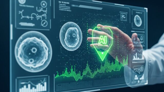 Mano su schermo olografico. Algoritmo Alpha analizza dati cellulari per diagnosi precoce.