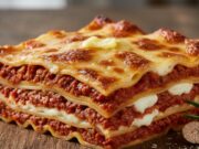 Lasagna tradizionale di Natale: come fare il ragù alla Bolognese scientifico per la sfoglia Porzione fumante di lasagna tradizionale di Natale con ragù alla bolognese denso e sfoglia all'uovo dorata.