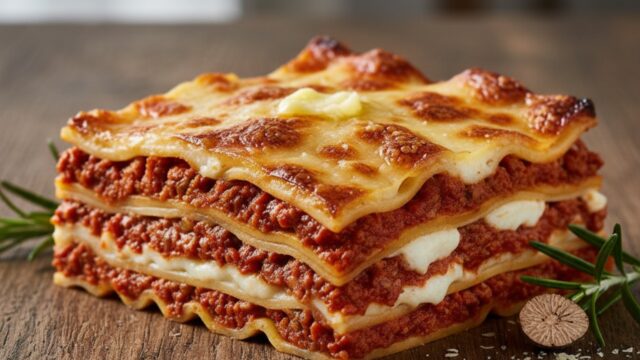 Porzione fumante di lasagna tradizionale di Natale con ragù alla bolognese denso e sfoglia all'uovo dorata.