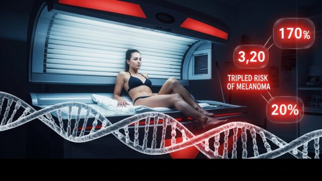 Illustrazione grafica che mostra una donna che usa un lettino solare con un rischio di melanoma evidenziato da un profilo genetico alterato.