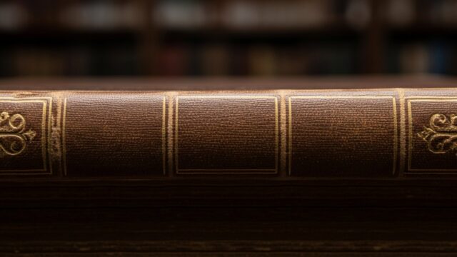 Dettaglio della rilegatura in pelle di un libro antico e macabro. Biblioteche dell'orrore.