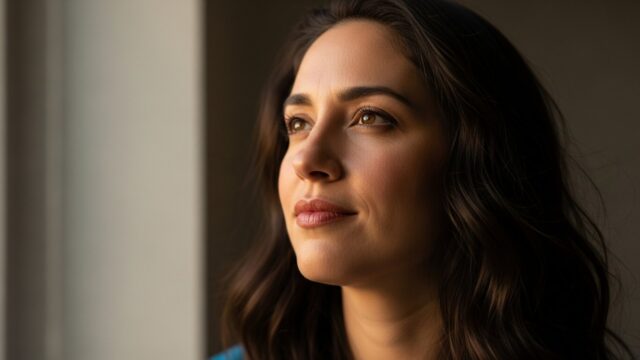 Ritratto di Liliana sorridente, che simboleggia la scoperta e l'accettazione della sua identità lesbica.