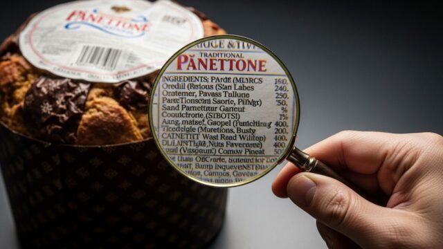 Primo piano su una lente d'ingrandimento su un'etichetta di panettone. L'inganno del cibo.