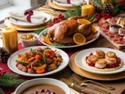 Il Menu di Natale da 25 euro a persona: 5 portate scenografiche (che sembrano costose ma non lo sono) Tavola festiva con 5 portate del menu di Natale scenografico e budget-friendly, luci soffuse.