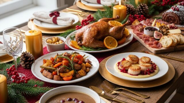 Tavola festiva con 5 portate del menu di Natale scenografico e budget-friendly, luci soffuse.