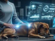 Microchip avanzati e intelligenza artificiale nella cura degli animali domestici Illustrazione di un cane con un microchip sottocutaneo che trasmette dati biometrici a un'interfaccia AI per la diagnosi precoce.