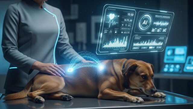 Illustrazione di un cane con un microchip sottocutaneo che trasmette dati biometrici a un'interfaccia AI per la diagnosi precoce.