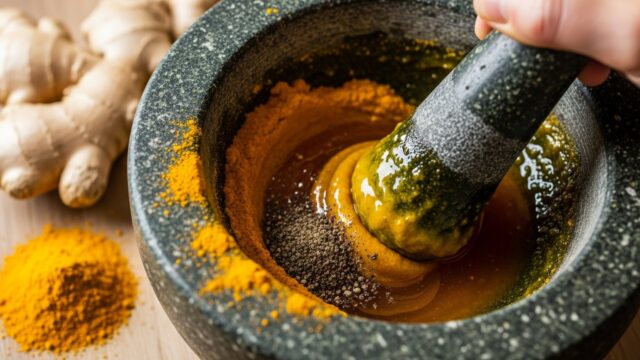 Preparazione del Miele di Fuoco ayurvedico in un mortaio, mostrando la pasta dorata di zenzero, curcuma e miele.
