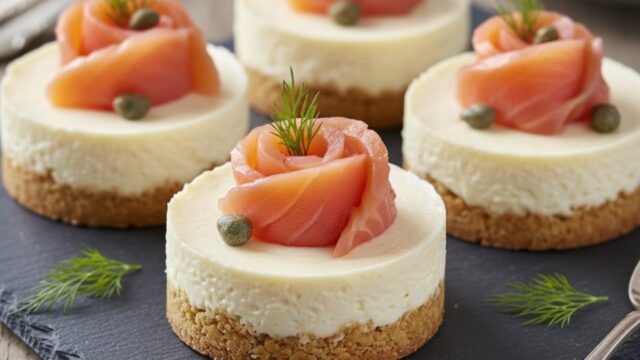Mini cheesecake salate al salmone affumicato e taralli croccanti, antipasto monoporzione elegante su piatto da portata.