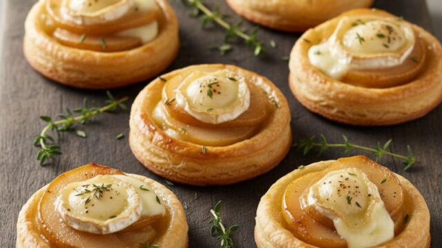 Mini tatin salate rovesciate con pere caramellate e formaggio cremoso su sfondo scuro, ideali per antipasti.