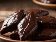 Prepariamo i mostaccioli come a Napoli in sole due ore: i segreti della lavorazione Mostaccioli napoletani glassati al cioccolato fondente disposti su un piatto di ceramica rustica.