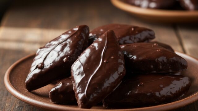 Mostaccioli napoletani glassati al cioccolato fondente disposti su un piatto di ceramica rustica.