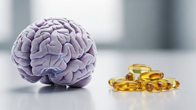 Capsule di omega 3 posizionate accanto a un cervello stilizzato che simboleggia la prevenzione dell'invecchiamento cognitivo.