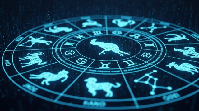 Zodiaco digitale olografico. Le costellazioni sono nodi di una rete neurale AI.
