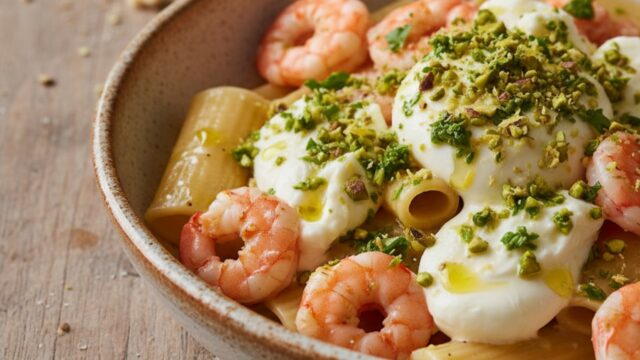 Paccheri al dente conditi con salsa cremosa, gamberi freschi, burrata filante e granella di pistacchio.