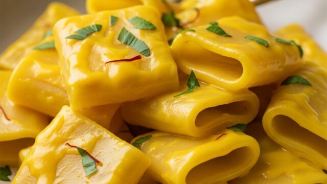 paccheri cremosi zafferano, primo piatto ricco e giallo brillante, servito con prezzemolo fresco su tavolo rustico.
