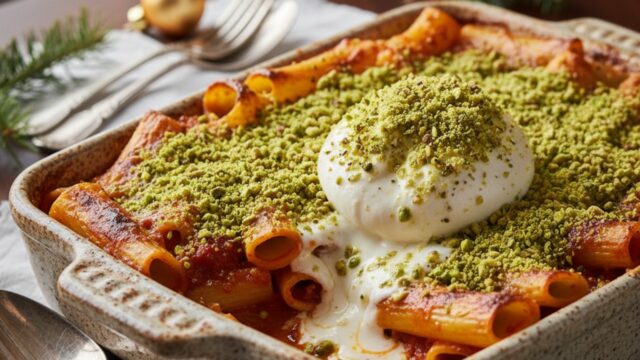 Paccheri al forno con cremosa burrata e granella di pistacchio, serviti in una teglia rustica per le feste.