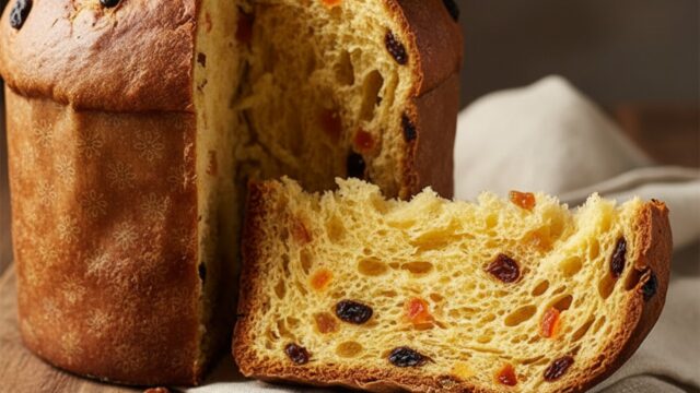 Panettone artigianale alto, tagliato a fette, con canditi e lievito madre, su tavola di legno festiva.