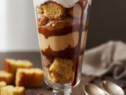 Panettone in 5 minuti: il parfait espresso per una pausa golosa che non sporca la cucina Parfait di panettone e crema all'espresso, servito in un bicchiere con strati cremosi e briciole croccanti.