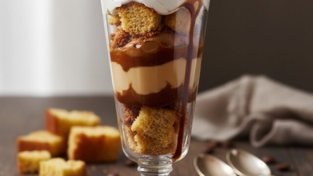 Parfait di panettone e crema all'espresso, servito in un bicchiere con strati cremosi e briciole croccanti.