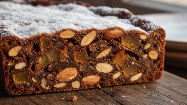 Fetta di Panforte di Siena tradizionale con copertura di zucchero a velo su tagliere di legno rustico.