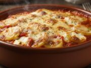 Patate alla Parmigiana: la ricetta della nonna con salsa di pomodoro e tanto Parmigiano Strati fumanti di patate alla parmigiana con salsa rossa e abbondante formaggio fuso, serviti in una teglia rustica.