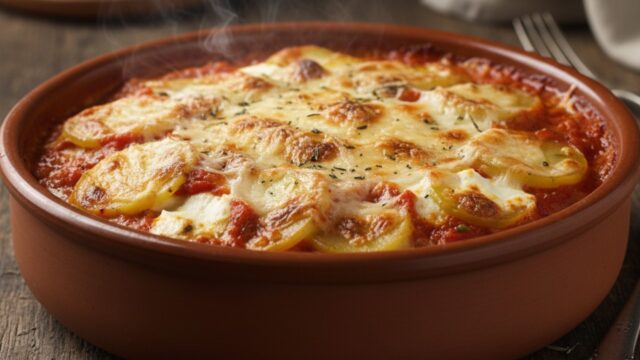 Strati fumanti di patate alla parmigiana con salsa rossa e abbondante formaggio fuso, serviti in una teglia rustica.