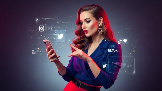 Una moderna influencer, che ricorda una playmate, utilizza il suo smartphone in una posa glamour e professionale, con un logo di social media sullo sfondo.