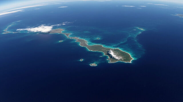 Vista aerea del punto Nemo nell'Oceano Pacifico meridionale, evidenziando la distanza da qualsiasi terraferma.