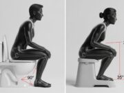 L’angolo perfetto: cosa dicono i medici sulla posizione migliore per svuotare l’intestino Illustrazione che mostra la differenza tra la posizione seduta a 90 gradi e la posizione accovacciata (squat) per svuotare l'intestino.