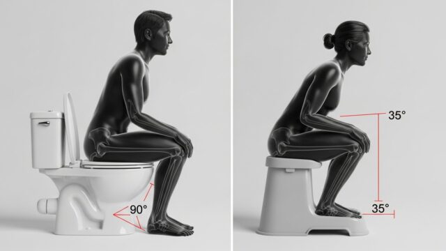Illustrazione che mostra la differenza tra la posizione seduta a 90 gradi e la posizione accovacciata (squat) per svuotare l'intestino.