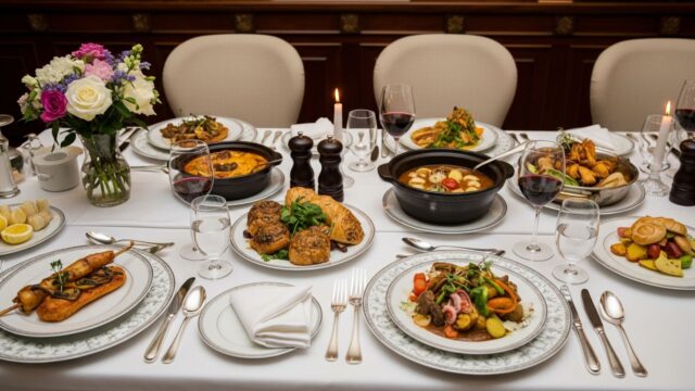 Una tavola imbandita per un ricco pranzo della domenica in stile slow cooking, con piatti della tradizione e un tocco moderno.