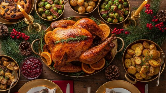 Tavola di Natale imbandita con piatti tradizionali, decorazioni festive rosse e luce calda accogliente.