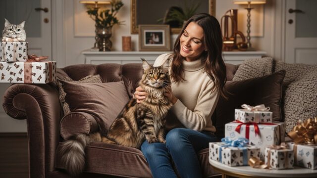 Una donna sorride mentre il suo gatto di razza Maine Coon dorme su un divano di lusso, con regali a tema gatto sullo sfondo.